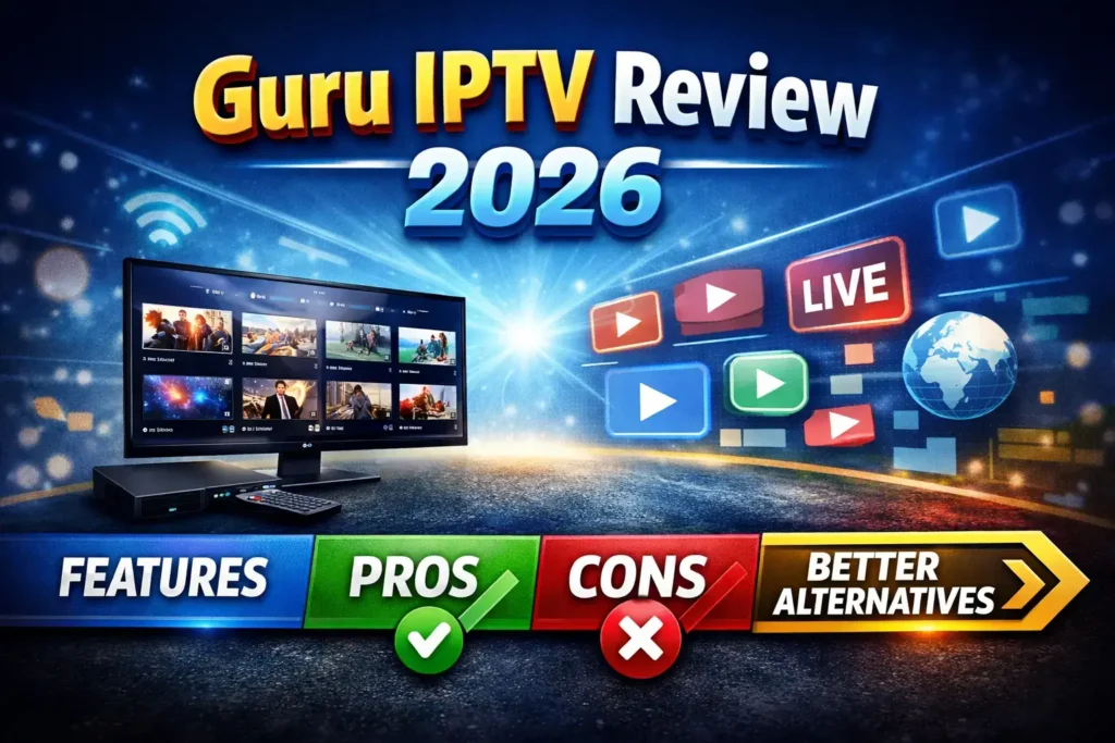 Guru IPTV Review 2026 showing features pros cons and alternatives